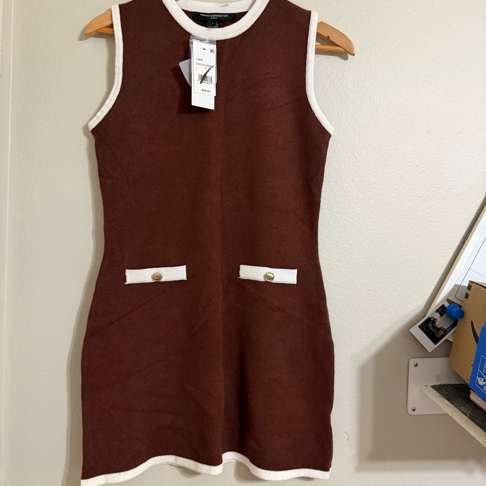 French Connection Brown Mini Dress with White Trim “MAKEUP ON THE COLLAR”